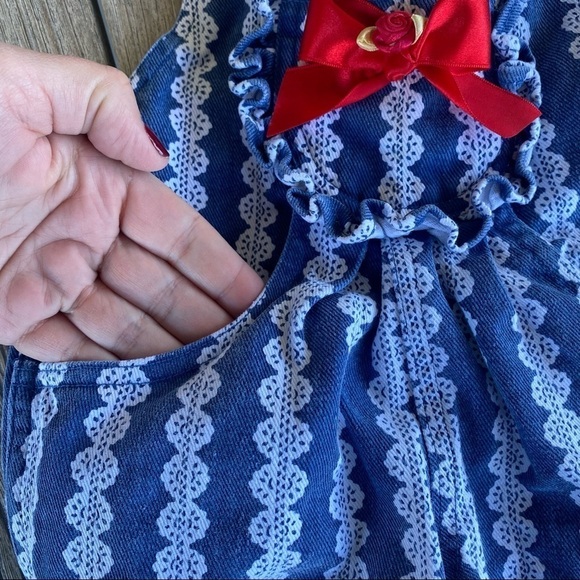 Vintage 80’s 90’s HAPPY KIDS Lace Print Ruffle Denim Overall Romper Toddler 2T - Picture 4 of 11